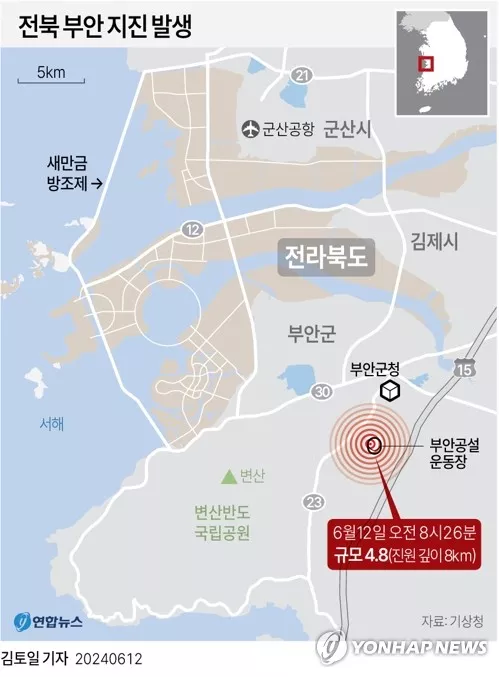 [그래픽] 전북 부안 지진 발생(종합)(서울=연합뉴스) 김토일 기자 = 12일 오전 8시 26분 49초 전북 부안군 남남서쪽 4㎞ 지점에서 규모 4.8 지진이 발생했다고 기상청이 밝혔다.    kmtoil@yna