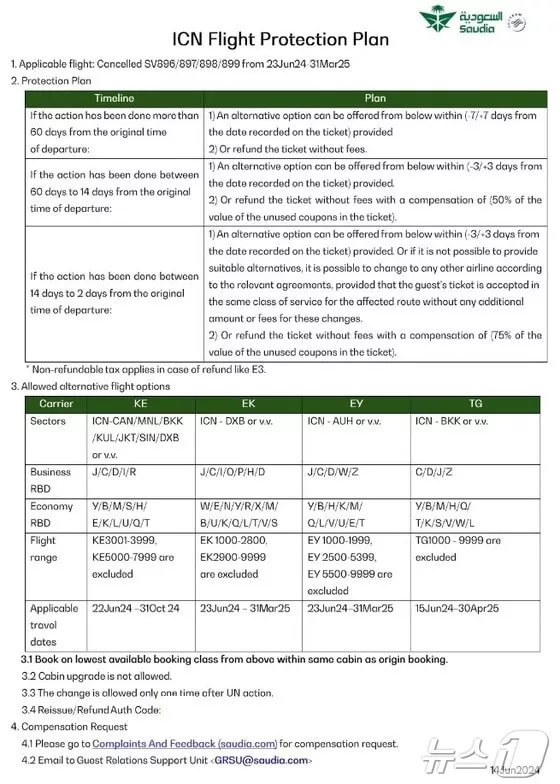 사우디항공이 예약 고객들에게 제시한 보상안 원문.