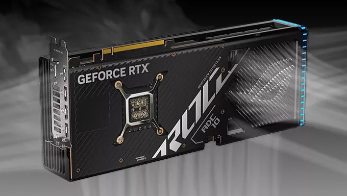 검은색 그라데이션 배경에 연기가 나는 ASUS ROG GeForce RTX 그래픽 카드.