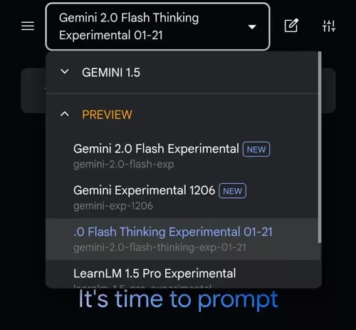 Gemini 2.0 Flash Thinking 실험 모델 선택 창 이미지입니다.