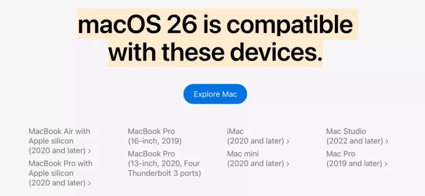 macOS 26 지원 기기 목록 이미지입니다.