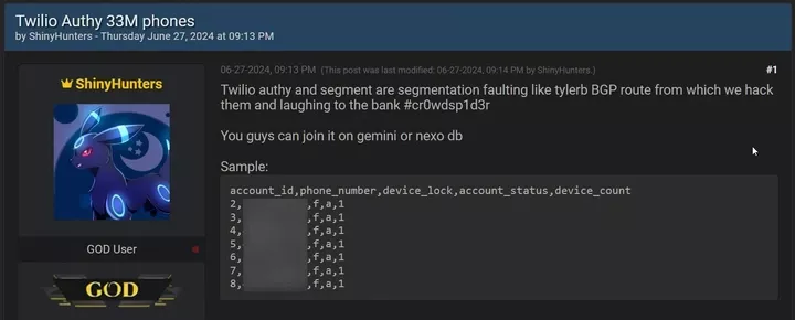 Authy 전화번호 유출 관련 해킹 포럼 화면 이미지입니다.