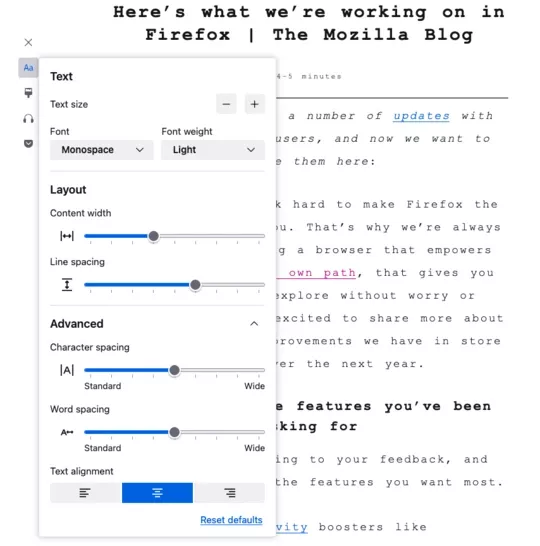 모질라 파이어폭스 129 리더 뷰 화면 이미지입니다.